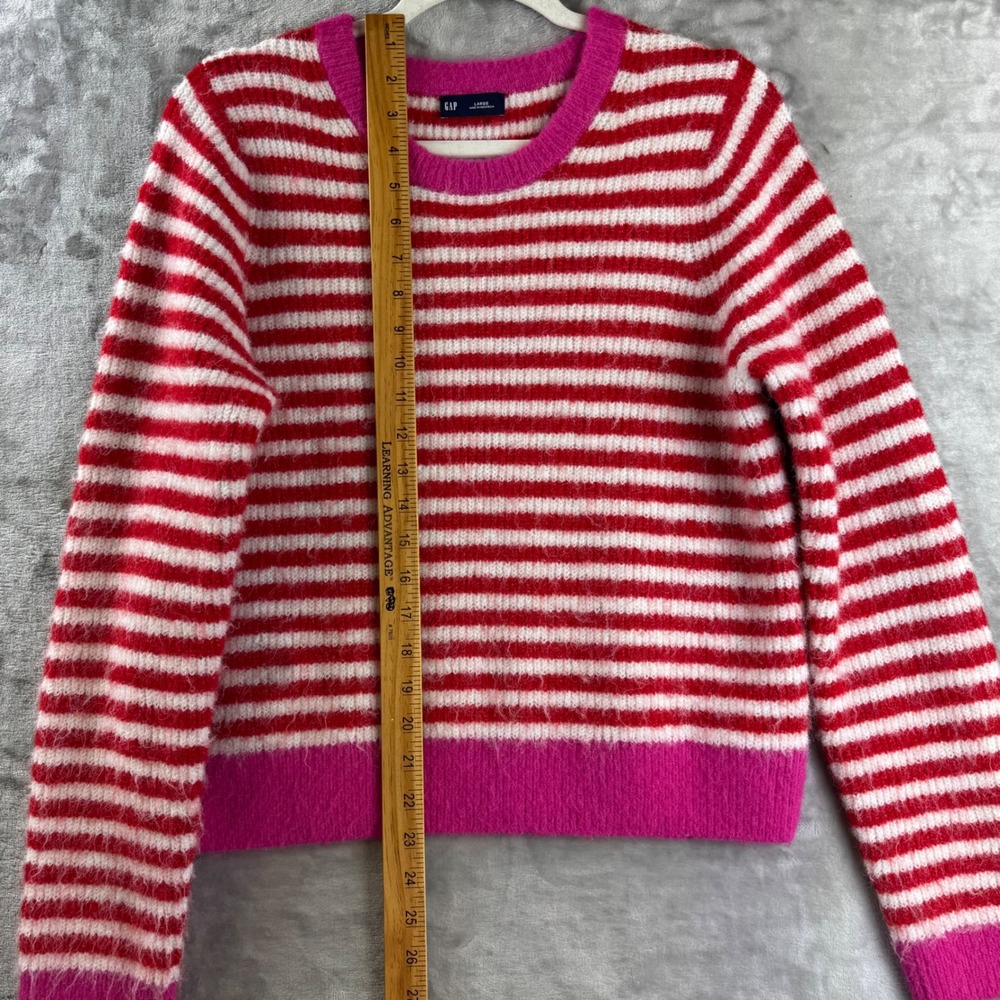 Gap Striped Sweater Womens Large Red White Pink Fuzzy Knit Crewneck (1702) - Picture 8 of 9